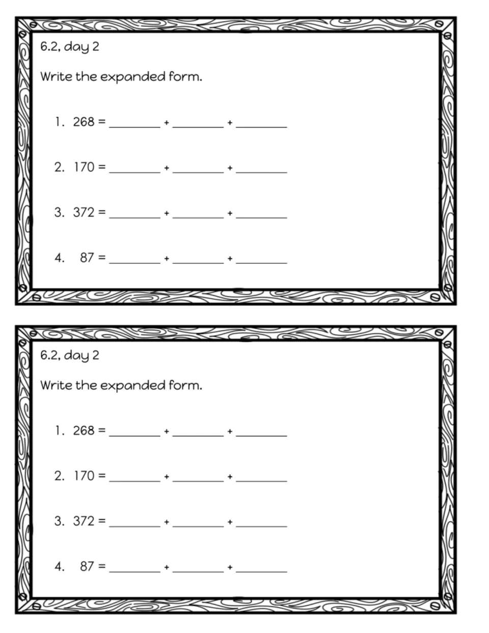 Exit slip 6.2, day 2 on expanded form: students write 268, 170, 372 and 87 as sums of hundreds, tens and ones