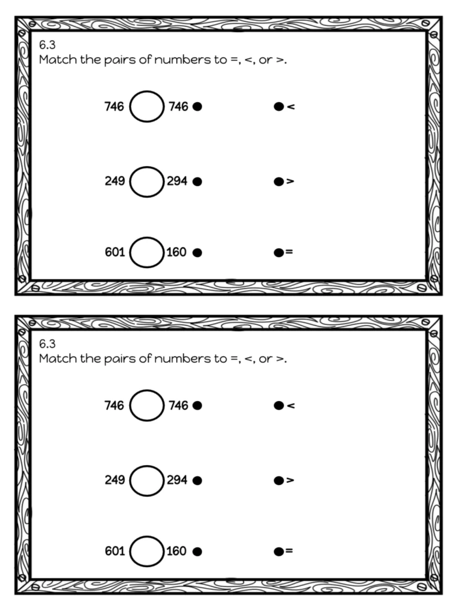 Exit slip 6.3 comparing 3-digit numbers: students match 746 and 746, 249 and 294, 601 and 160 to =, < or >