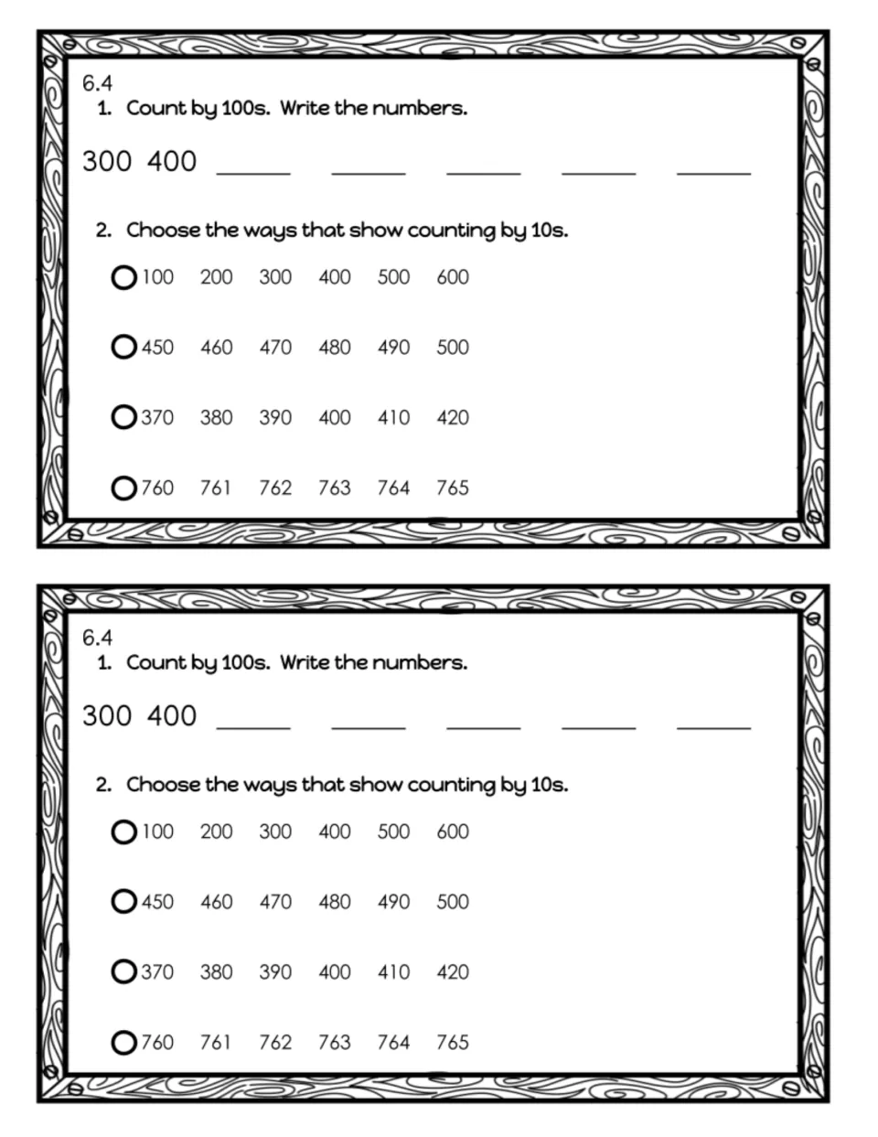 Exit slip 6.4 on skip counting: students continue counting by 100s from 300, 400 and pick the rows that count by 10s