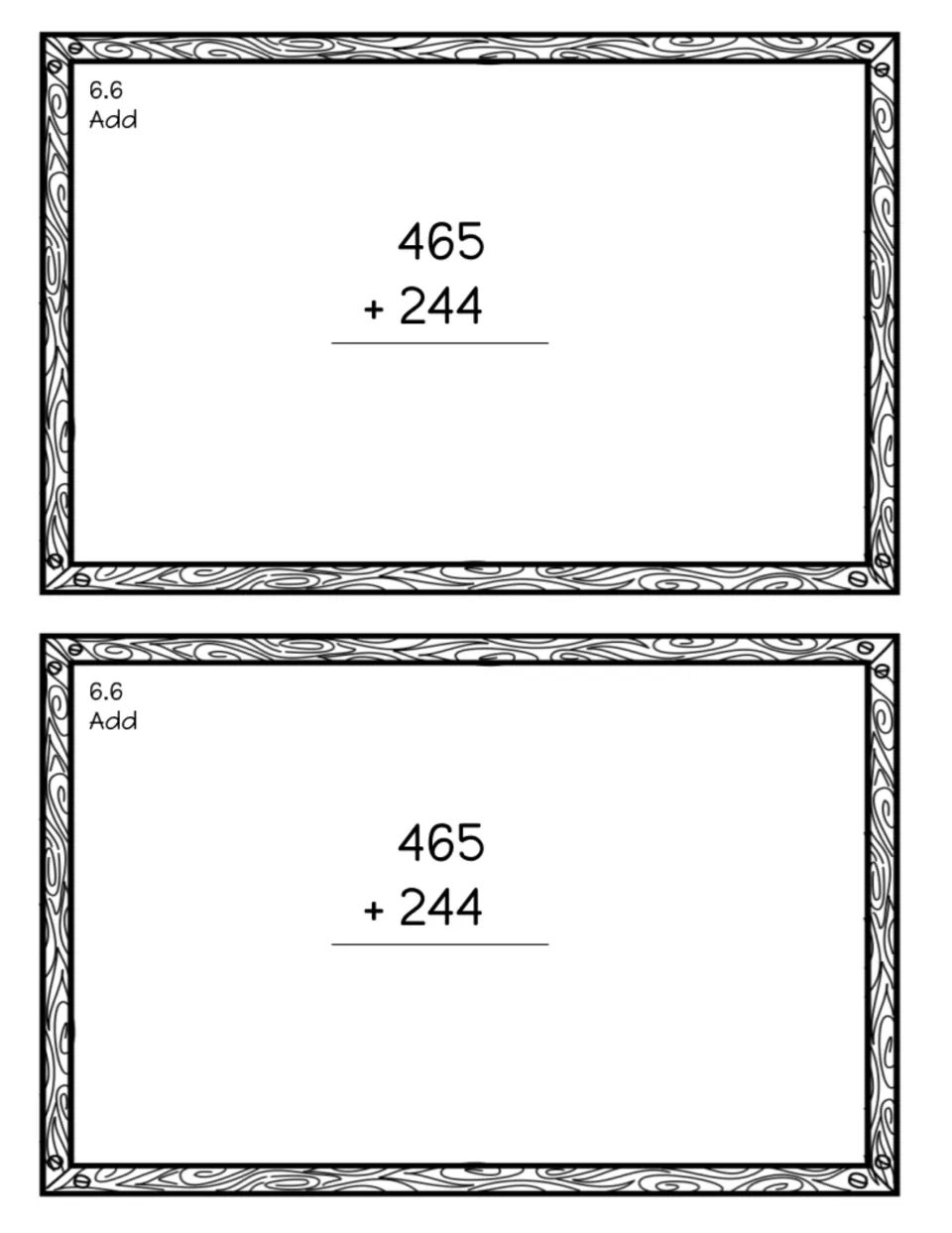 Exit slip 6.6 on 3-digit addition: students solve 465 + 244 written vertically, with room to show their work