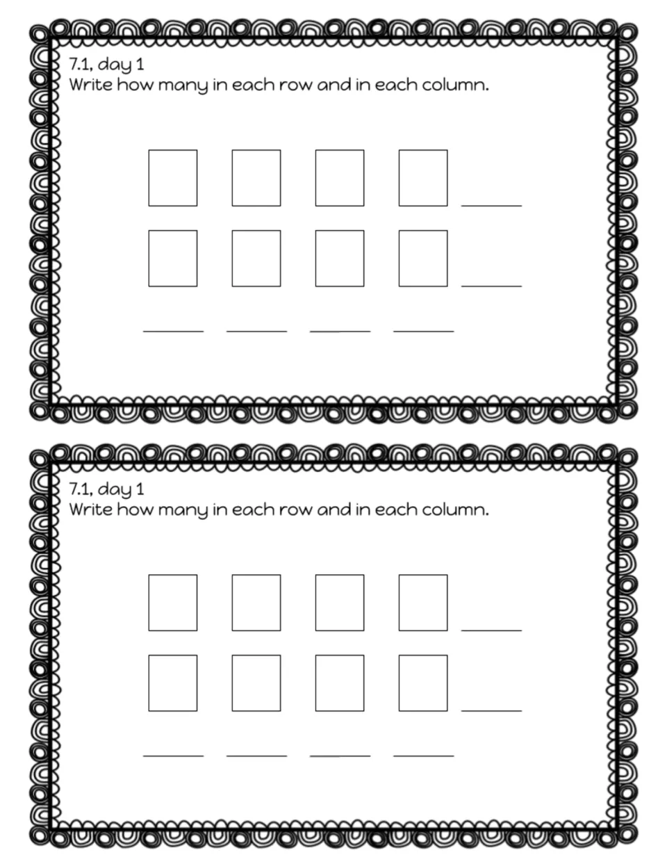 Lesson 7.1, day 1 exit slip asks students to count an array of eight squares; the slip is printed twice