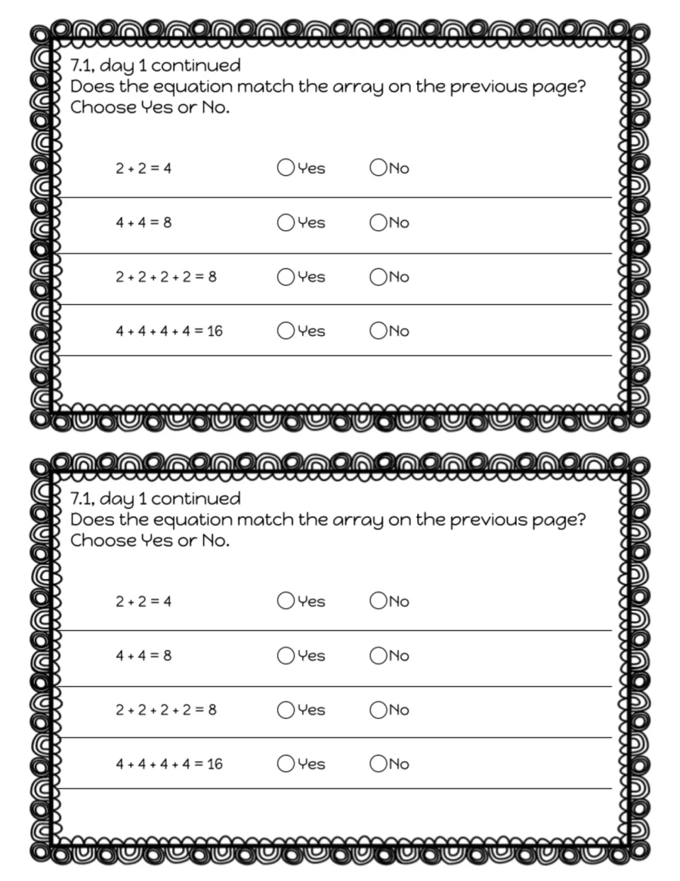 Lesson 7.1 continuation asks whether four addition equations match the previous array, printed twice