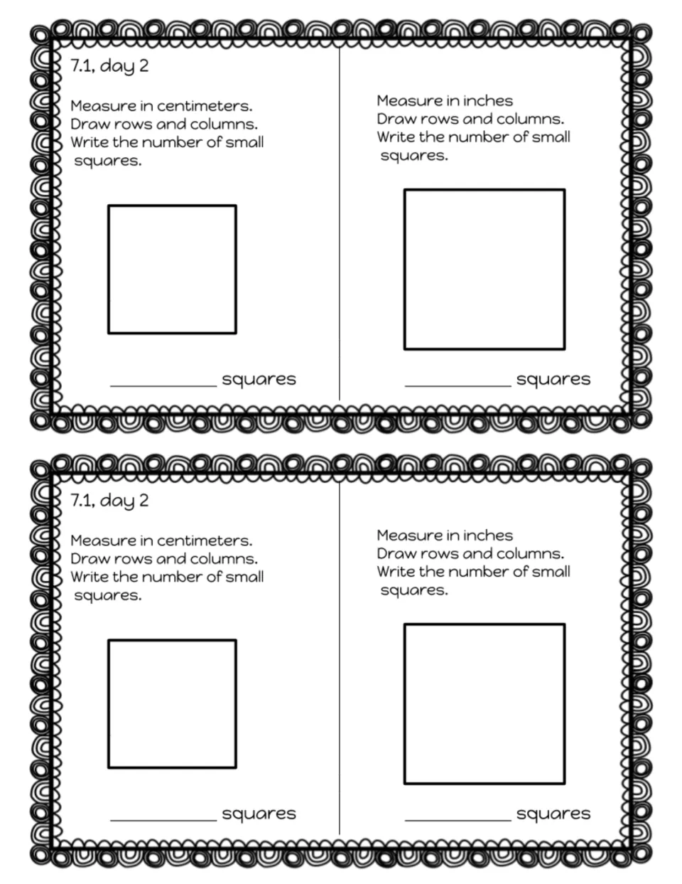 Lesson 7.1, day 2 exit slip asks students to measure squares in centimeters and inches, printed twice