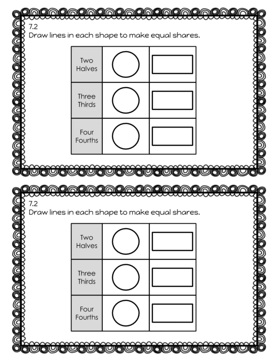 Lesson 7.2 exit slip asks students to divide circles and rectangles into halves, thirds, and fourths