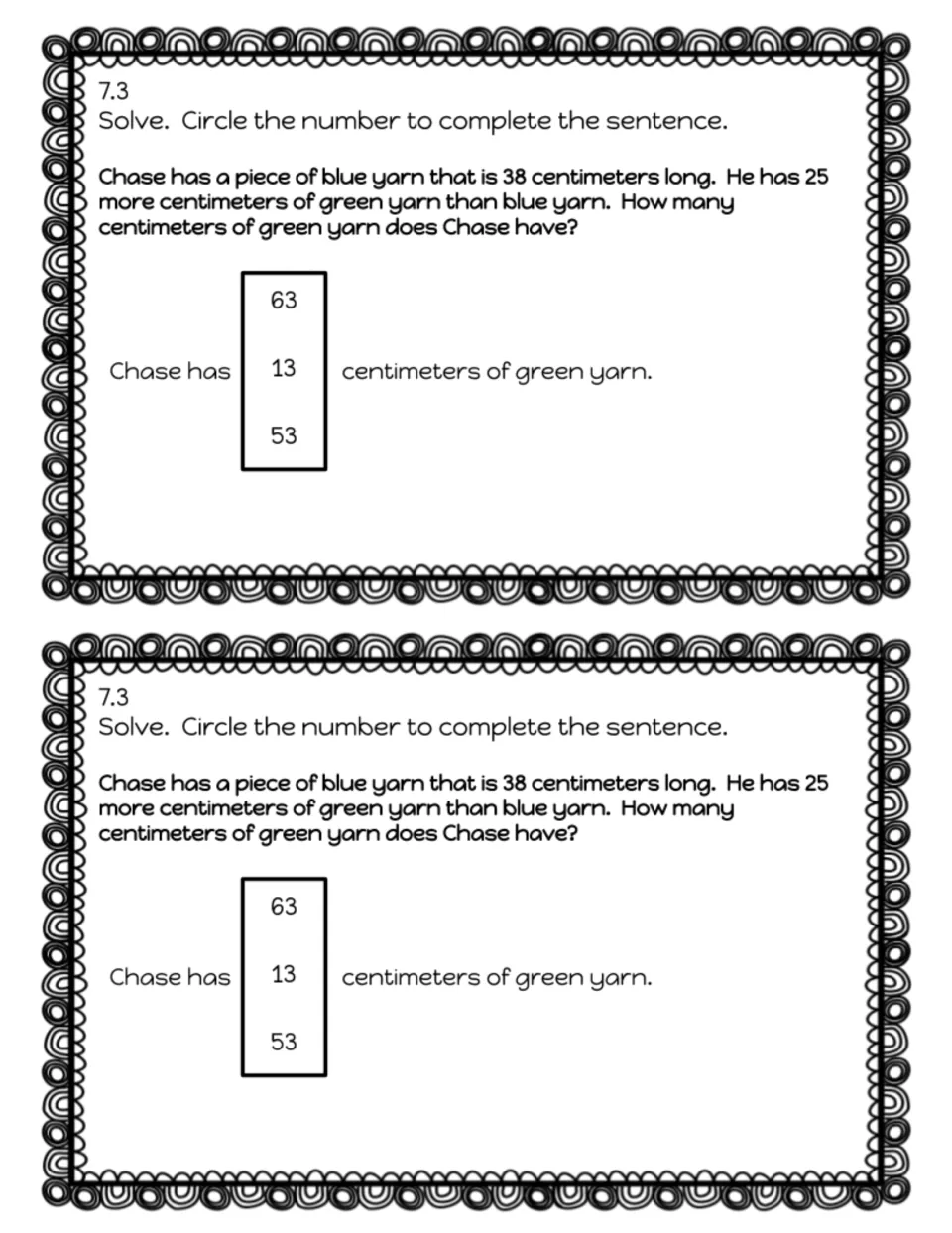 Lesson 7.3 exit slip asks about Chase's green yarn, 25 centimeters longer than his 38-centimeter blue yarn