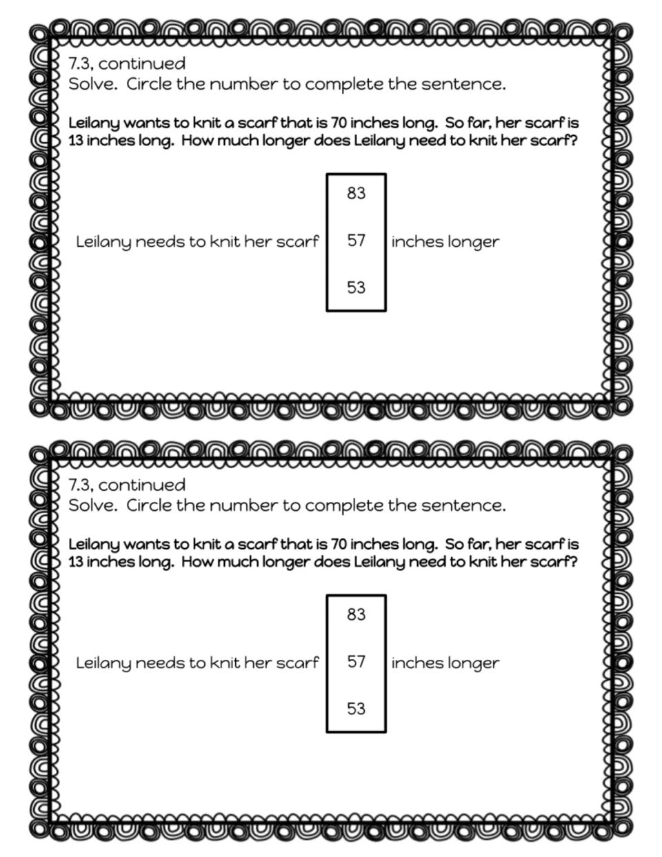 Lesson 7.3 continuation asks how much longer Leilany must knit a 13-inch scarf to reach 70 inches