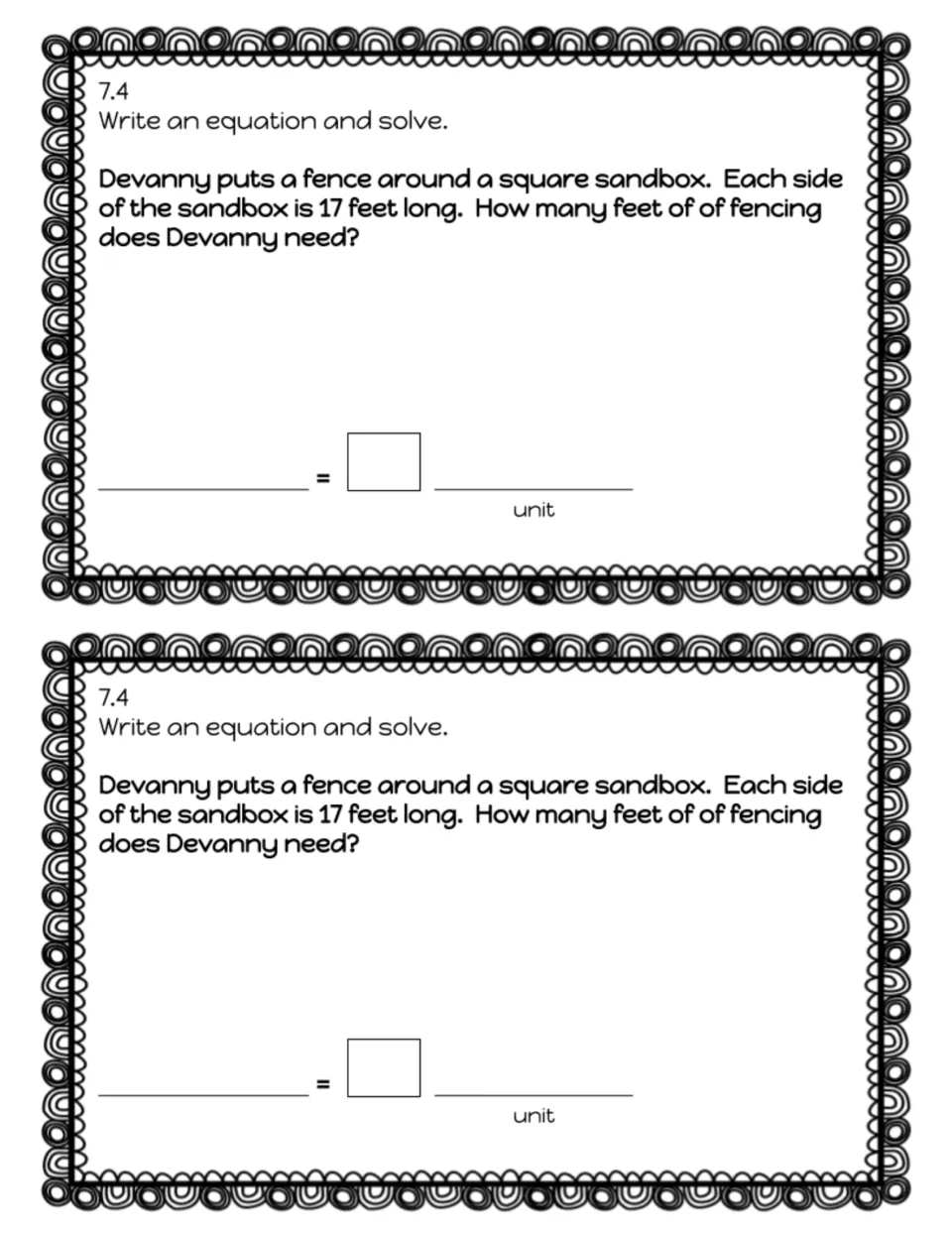 Lesson 7.4 exit slip asks students to write an equation for fencing a square sandbox with 17-foot sides