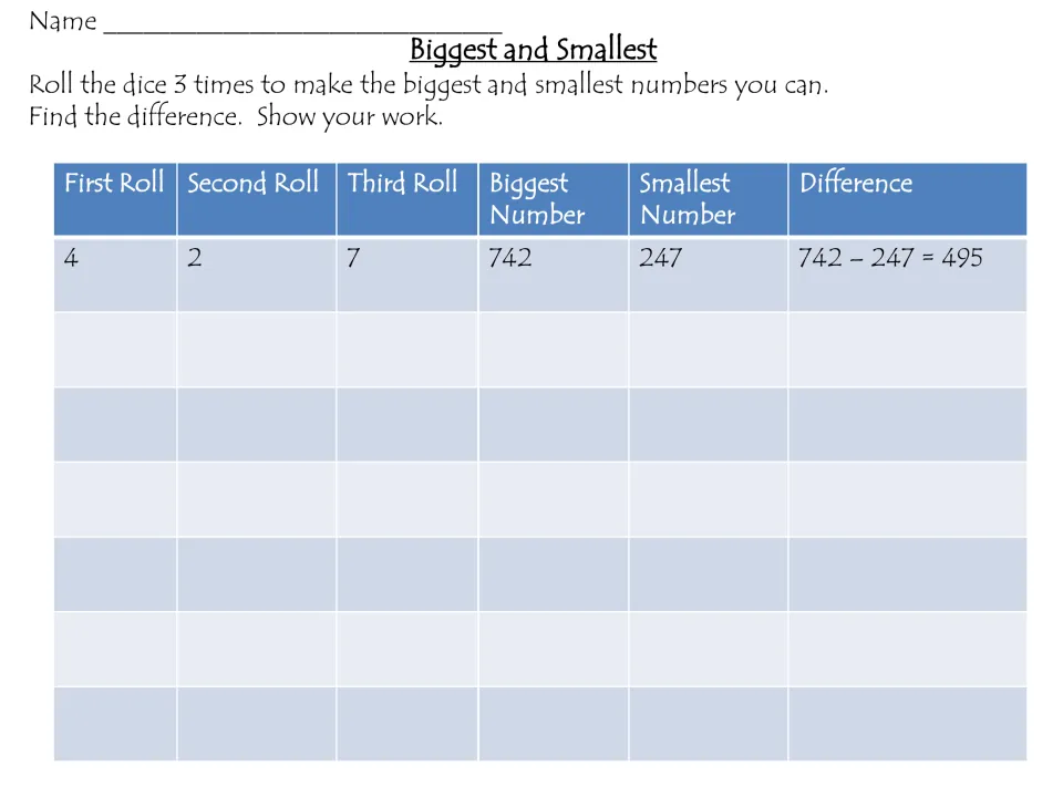Biggest and Smallest: students roll a die 3 times, make the largest and smallest 3-digit numbers, then subtract them