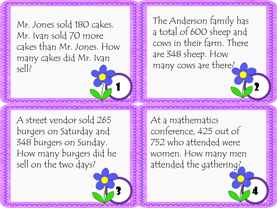Task cards 1 to 4: 3-digit word problems on cakes sold, sheep and cows on a farm, burgers sold and men at a conference