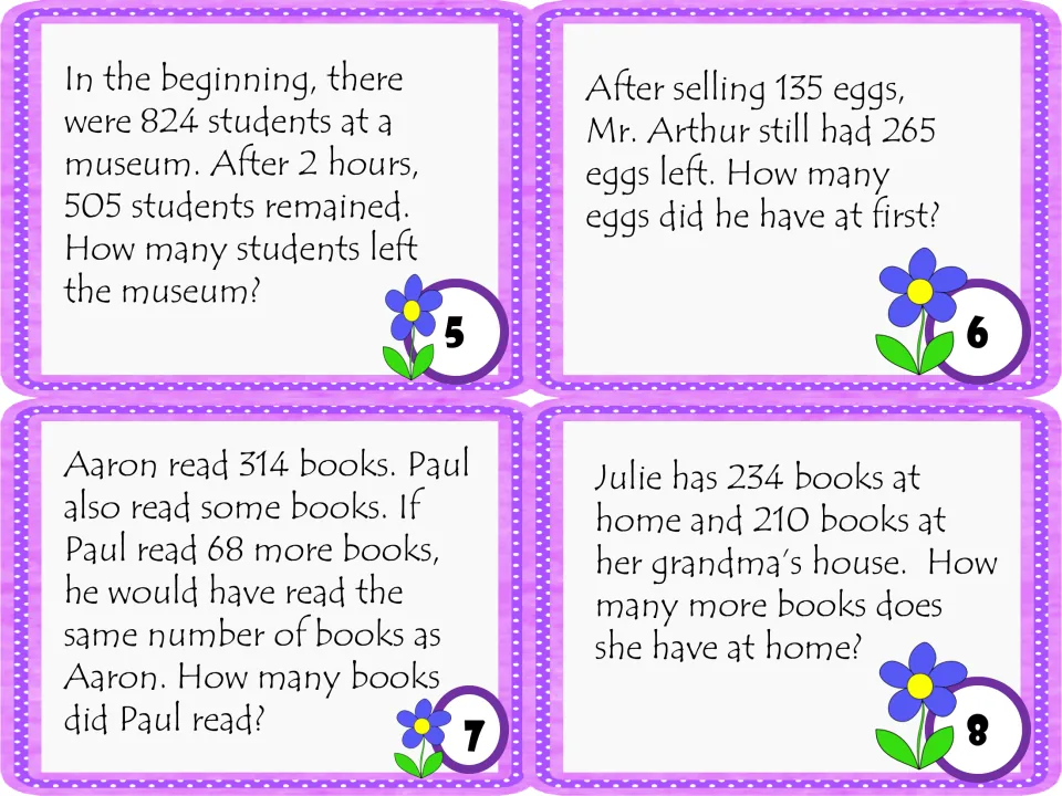 Task cards 5 to 8: word problems on students leaving a museum, eggs at first, Paul's books and books at home vs. grandma's