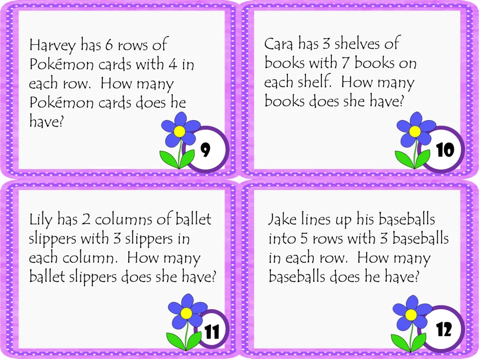 Task cards 9 to 12: equal-groups word problems with rows of Pokémon cards, shelves of books, ballet slippers and baseballs