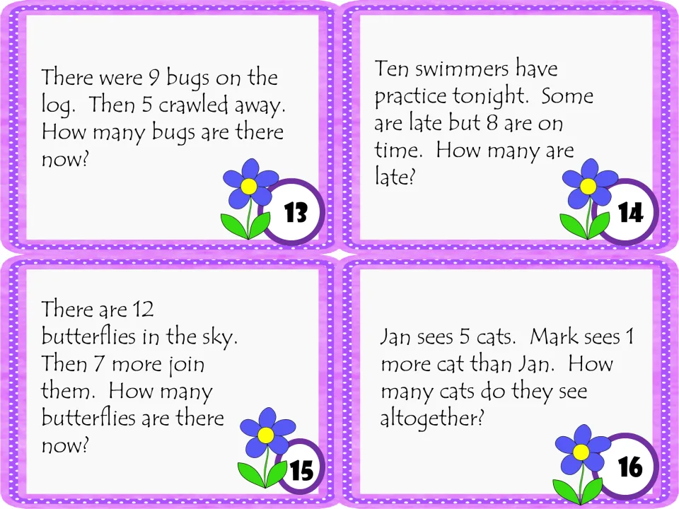 Task cards 13 to 16: add and subtract stories about bugs on a log, late swimmers, butterflies joining and cats seen