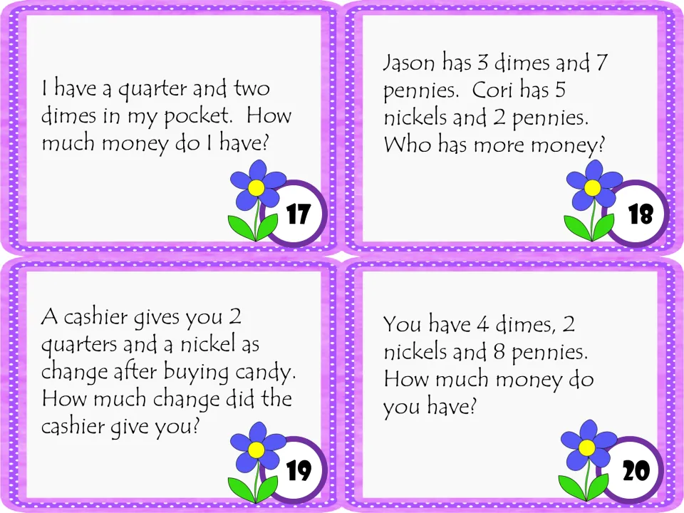 Task cards 17 to 20: counting coins with quarters, dimes, nickels and pennies, making change and comparing who has more