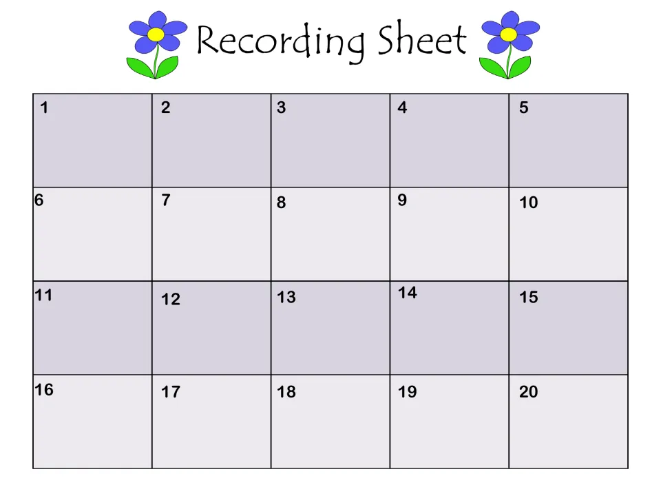Recording Sheet: students write their answers to task cards 1 to 20 in the numbered spaces while working through the set