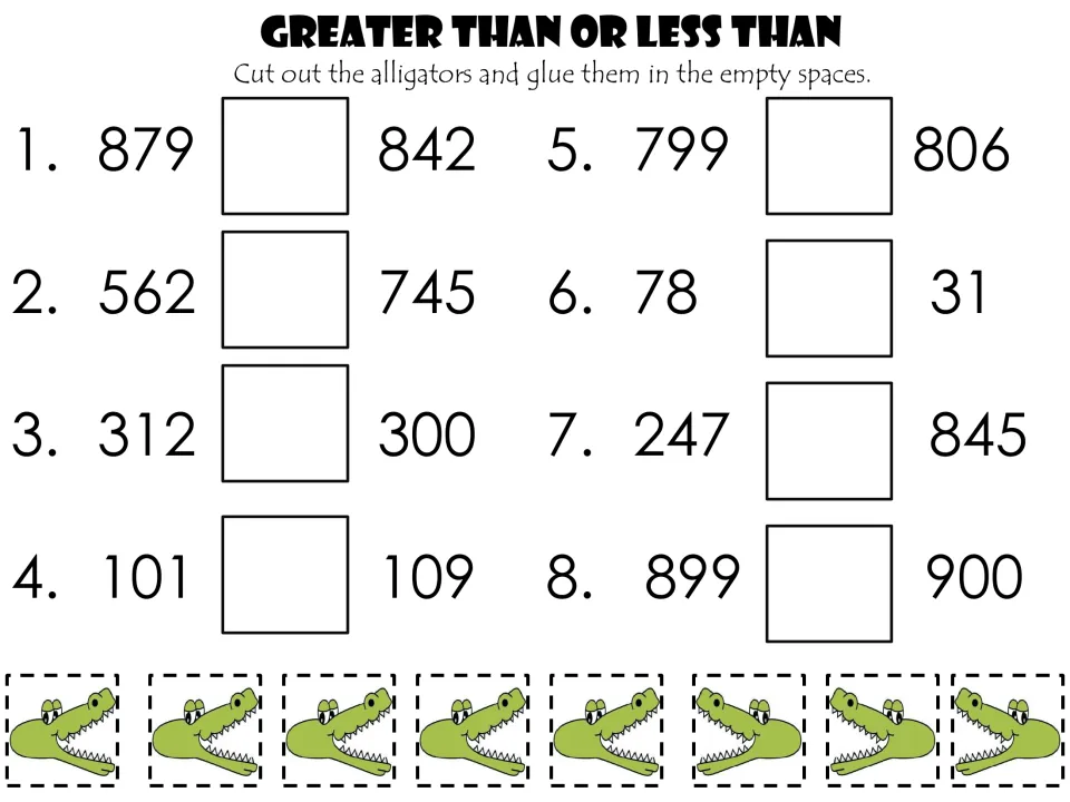 Greater Than or Less Than: students cut out alligators and glue one between each of 8 number pairs to compare them
