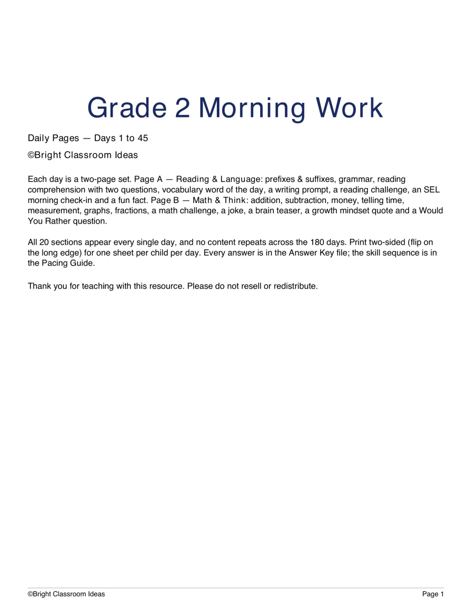Grade 2 Morning Work, Days 1 to 45: title page explaining the daily two-page Reading & Language and Math & Think sets
