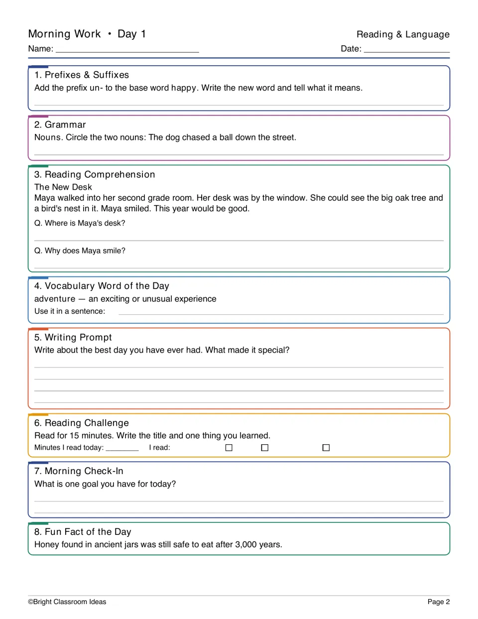 Day 1 reading and language: prefix un- with happy, circling nouns, The New Desk passage questions and the word adventure