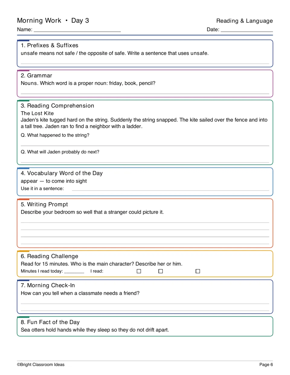 Day 3 reading and language: using unsafe in a sentence, picking a proper noun, The Lost Kite passage and the word appear