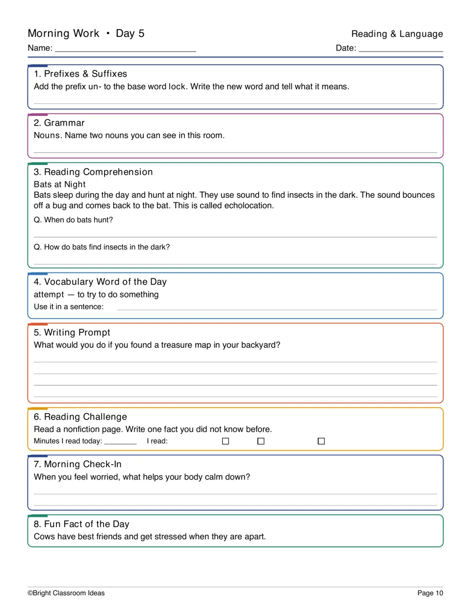 Day 5 reading and language: prefix un- with lock, naming nouns in the room, Bats at Night passage and the word attempt