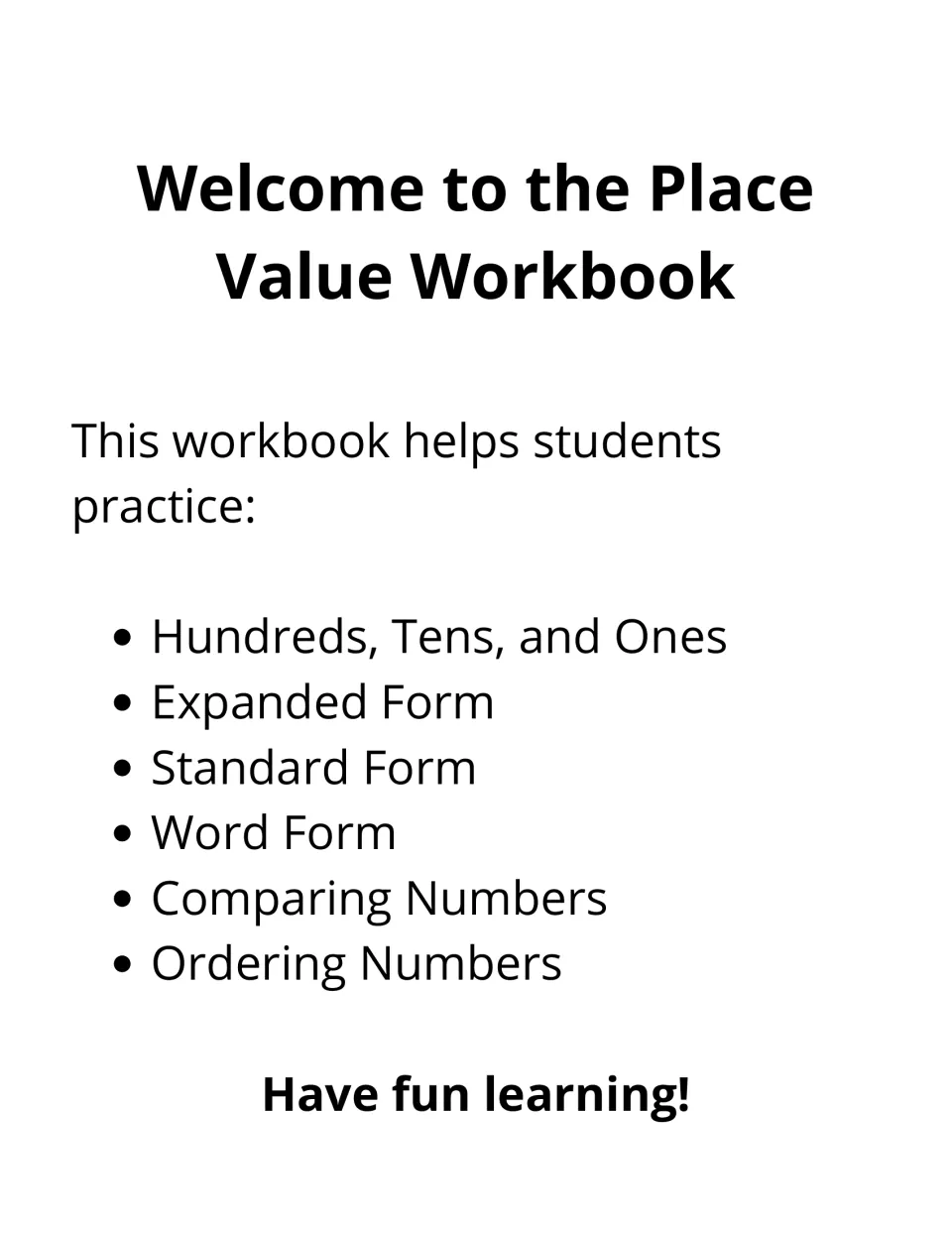 Place Value Workbook welcome page listing hundreds, tens and ones, expanded, standard and word form, comparing and ordering