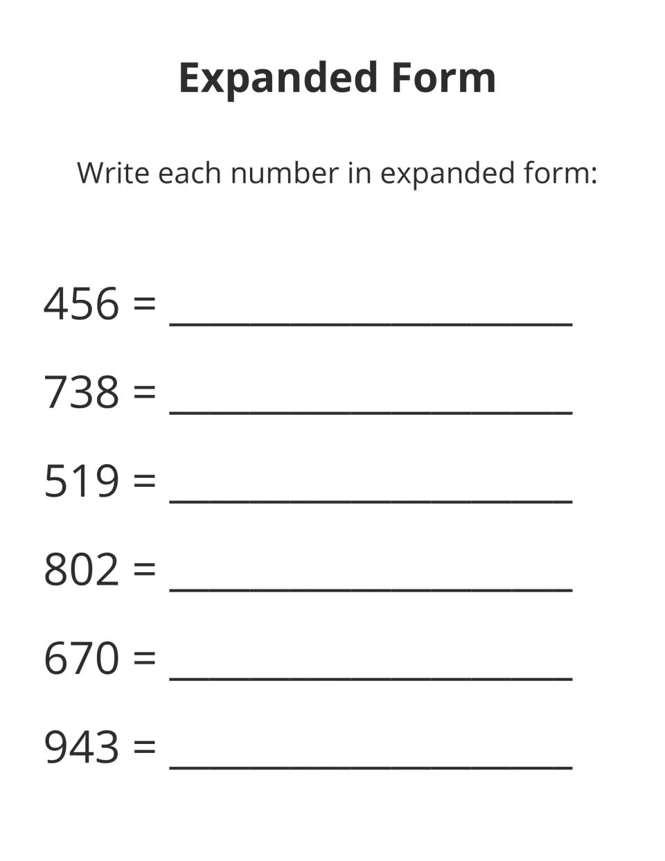 Expanded form: students write 456, 738, 519, 802, 670 and 943 as sums of hundreds, tens and ones