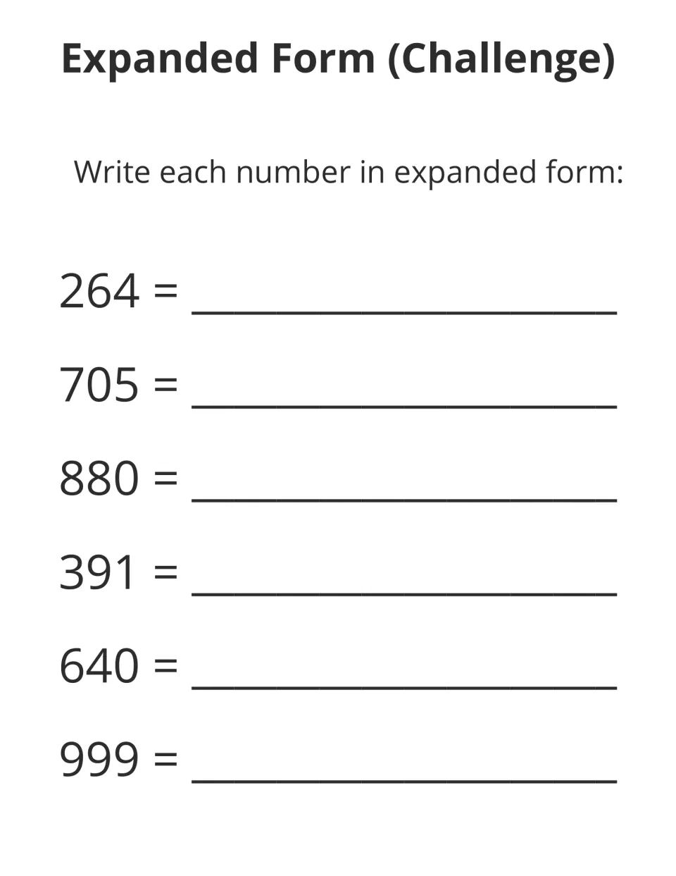 Expanded form challenge: students write 264, 705, 880, 391, 640 and 999 in expanded form, including numbers with zeros