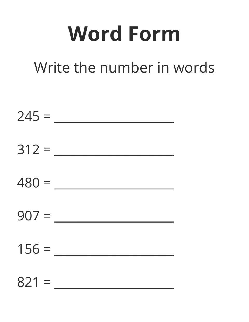 Word form: students write 245, 312, 480, 907, 156 and 821 in words, practising reading and naming three-digit numbers