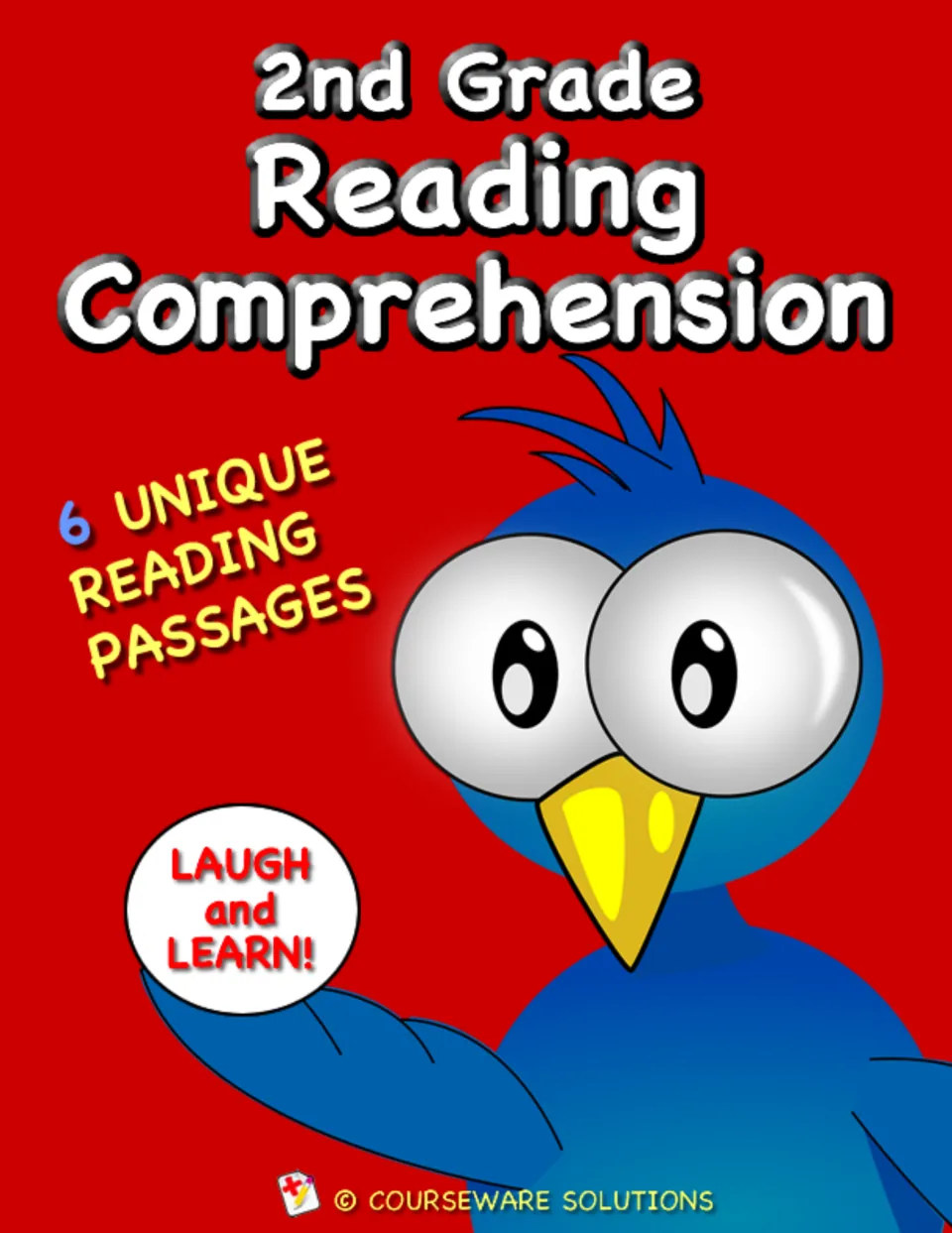 Cover for 2nd Grade Reading Comprehension listing 6 reading passages, with a cartoon blue bird and a Laugh and Learn! badge