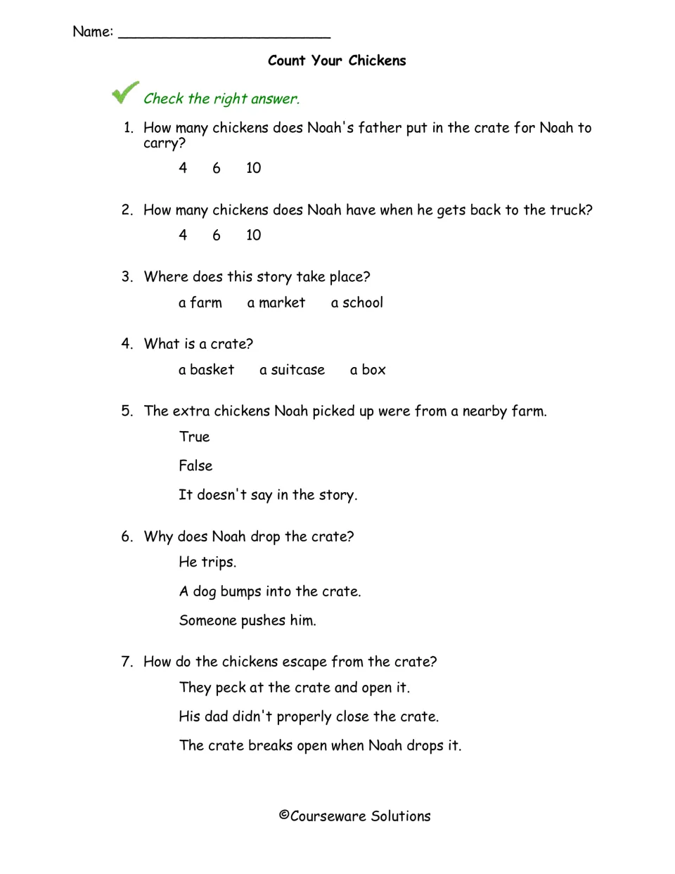Count Your Chickens questions: students check answers to 7 multiple-choice items on story details, setting and causes