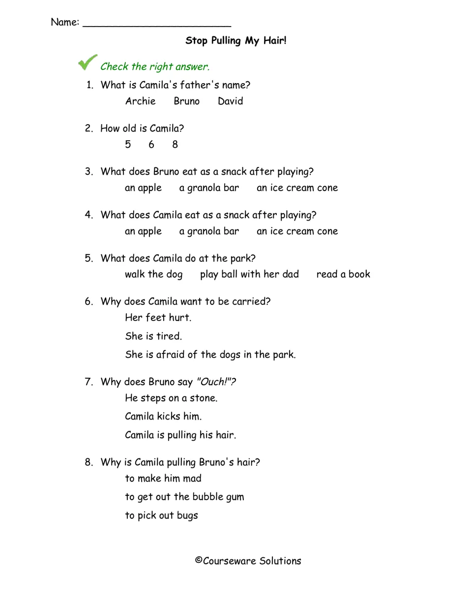 Stop Pulling My Hair! questions: students check answers to 8 multiple-choice items on characters, snacks and reasons