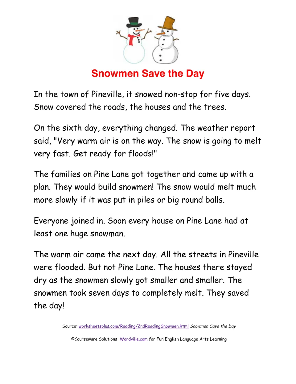Snowmen Save the Day story: Pine Lane families build snowmen so the snow melts slowly and their houses escape the floods