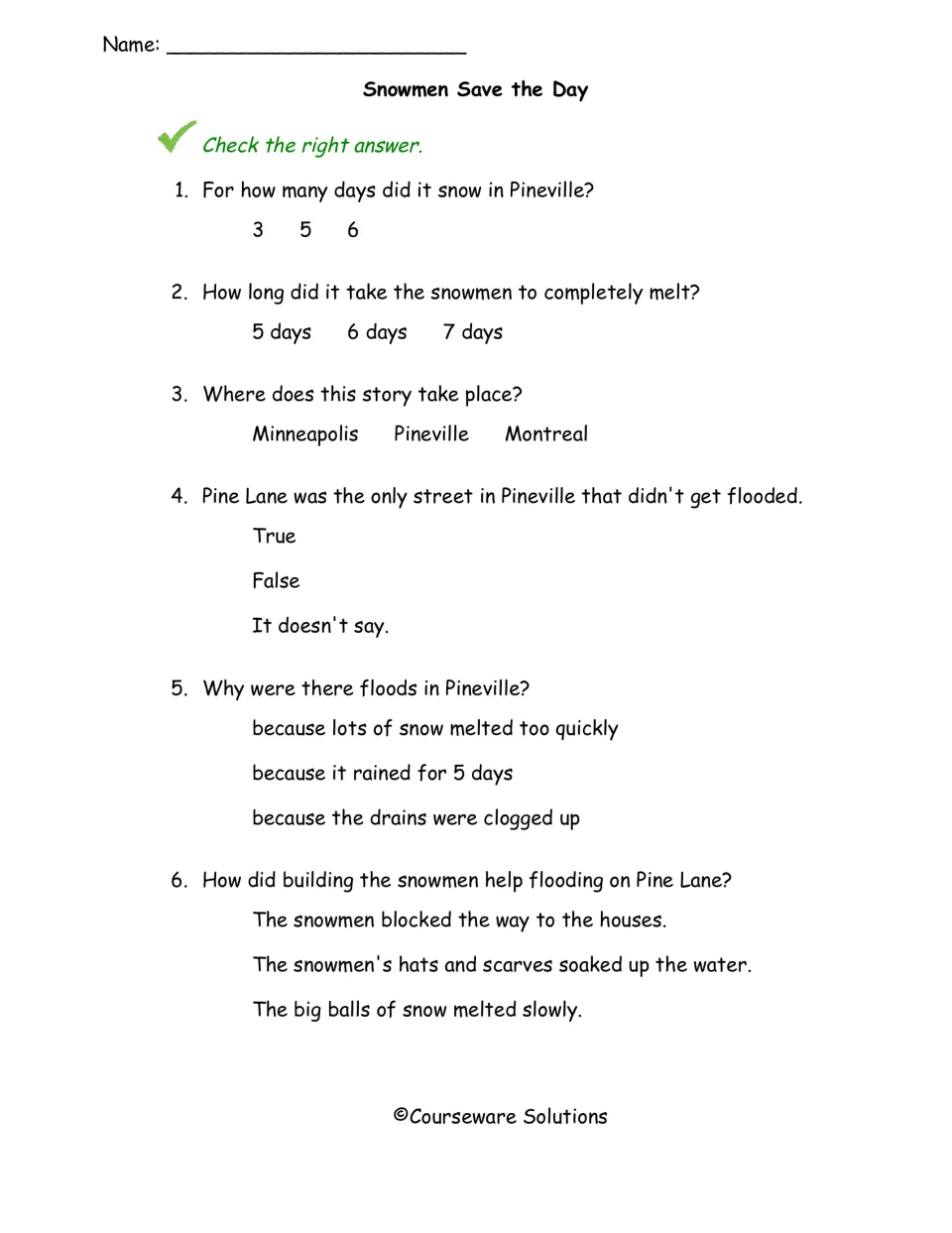Snowmen Save the Day questions: students check answers to 6 items on the snowfall, setting, floods and why snowmen helped