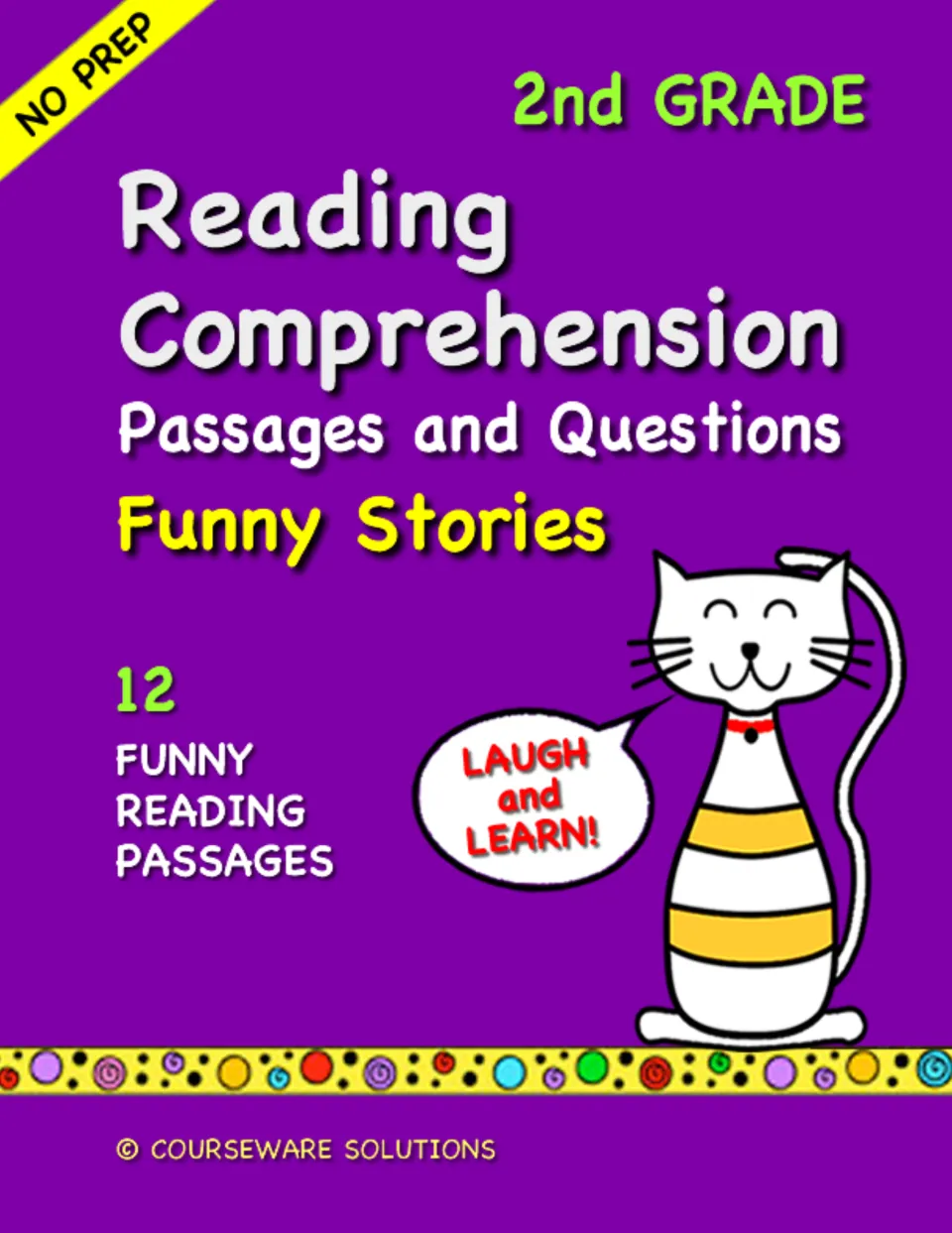 Cover: Reading Comprehension Passages and Questions, Funny Stories, 12 funny reading passages, with a smiling cartoon cat