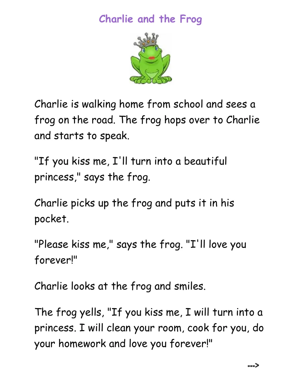 Charlie and the Frog passage: students read how a talking frog begs Charlie for a kiss to become a princess