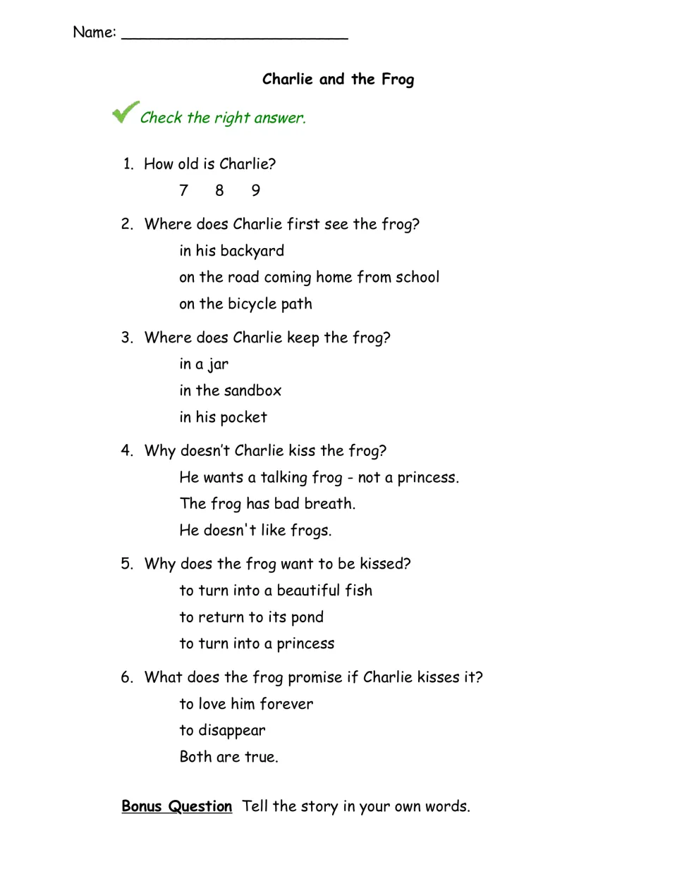 Charlie and the Frog quiz: students check answers to 6 questions on details and motives, then retell the story