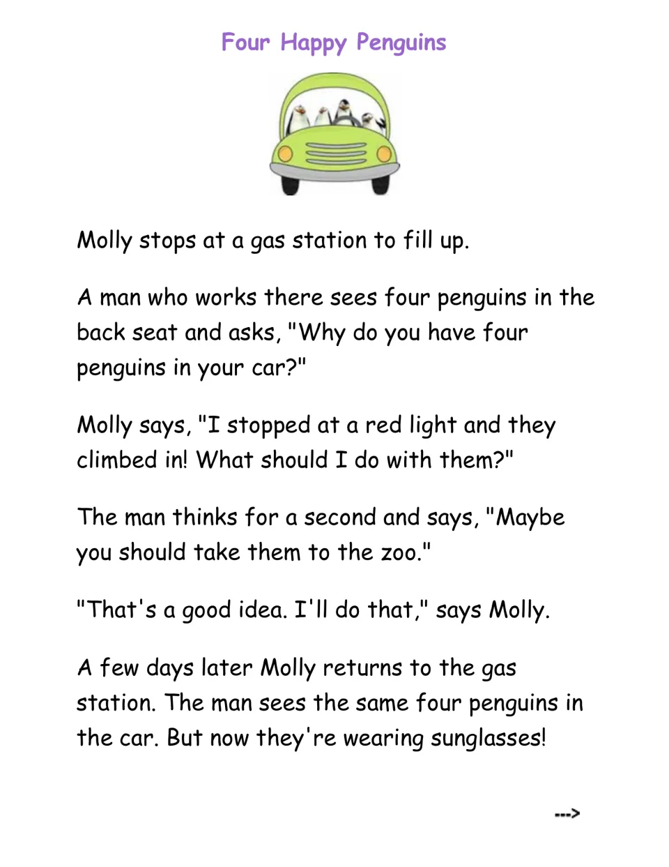 Four Happy Penguins passage: four penguins climb into Molly's car and a man tells her to take them to the zoo