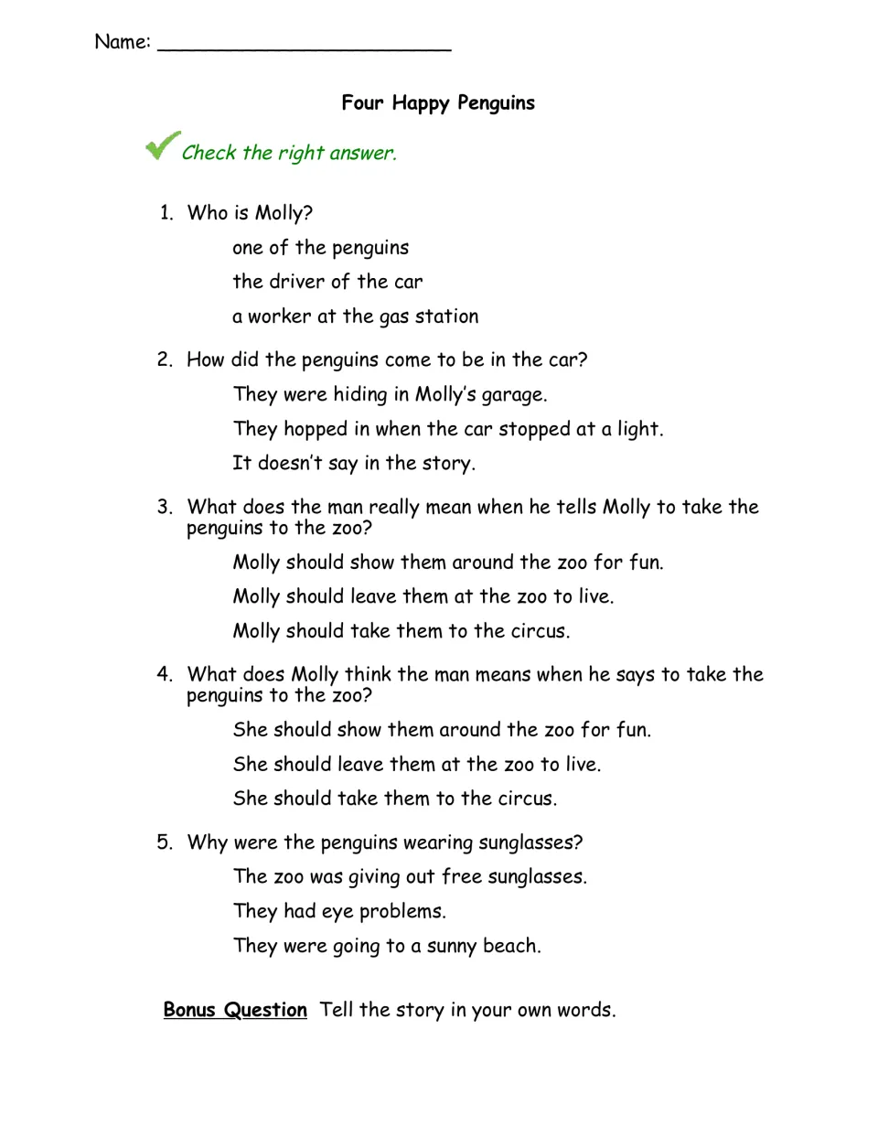 Four Happy Penguins quiz: students check answers to 5 questions on characters and what the man and Molly each mean