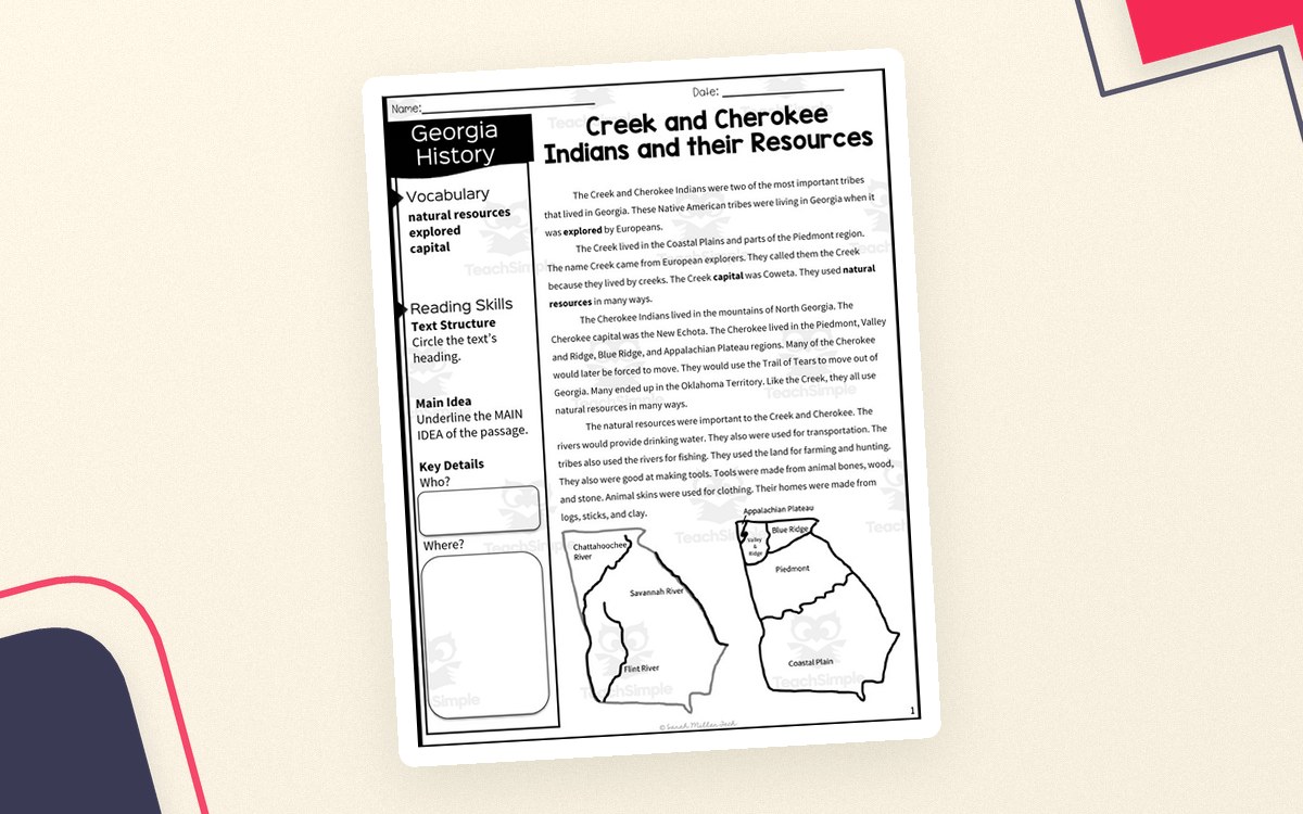 Creek and Cherokee Indians and Their Resources packet page with vocabulary, reading-skills, main-idea, map, and key-details sections.