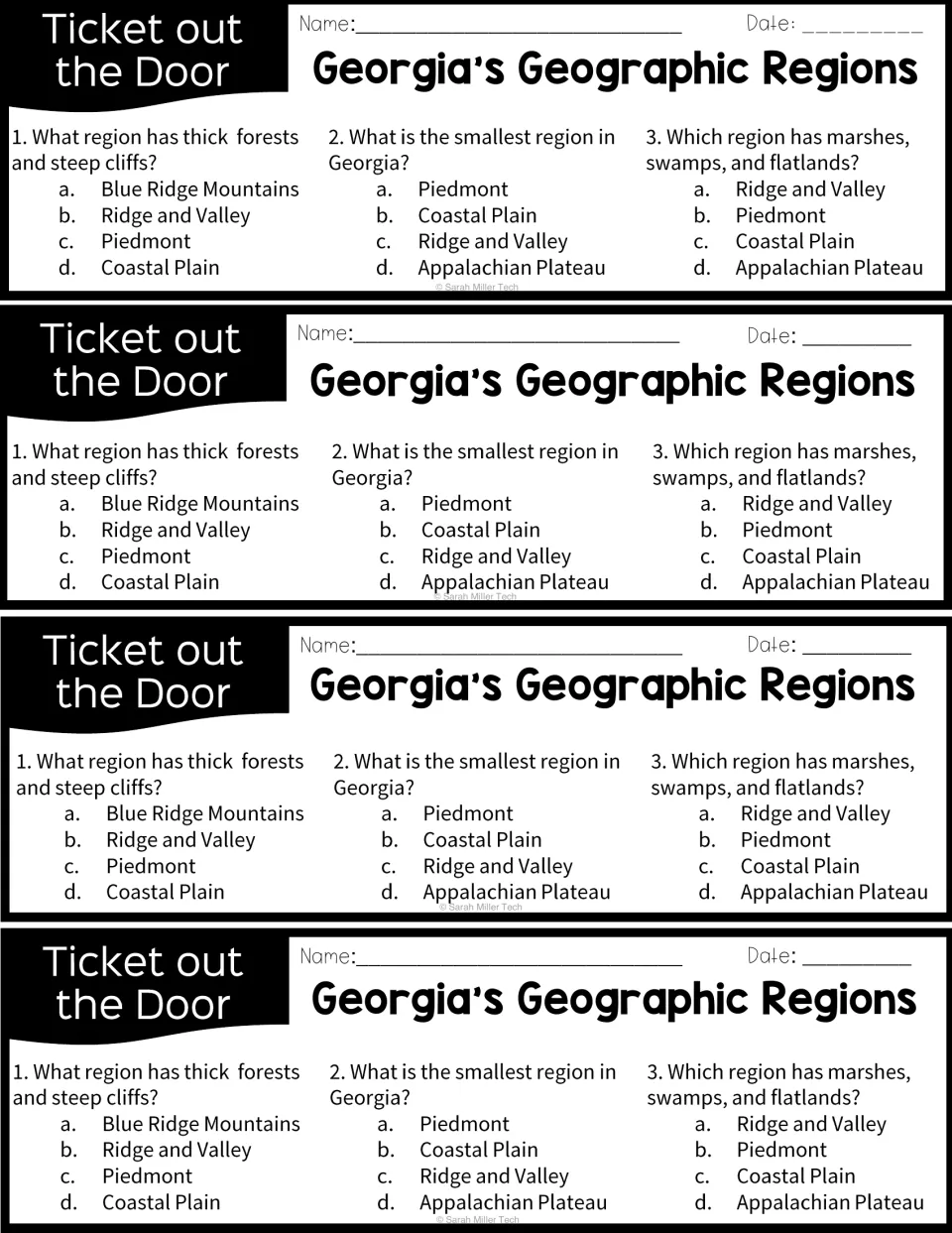 Ticket out the Door slips: students answer three multiple-choice questions naming Georgia regions from their features