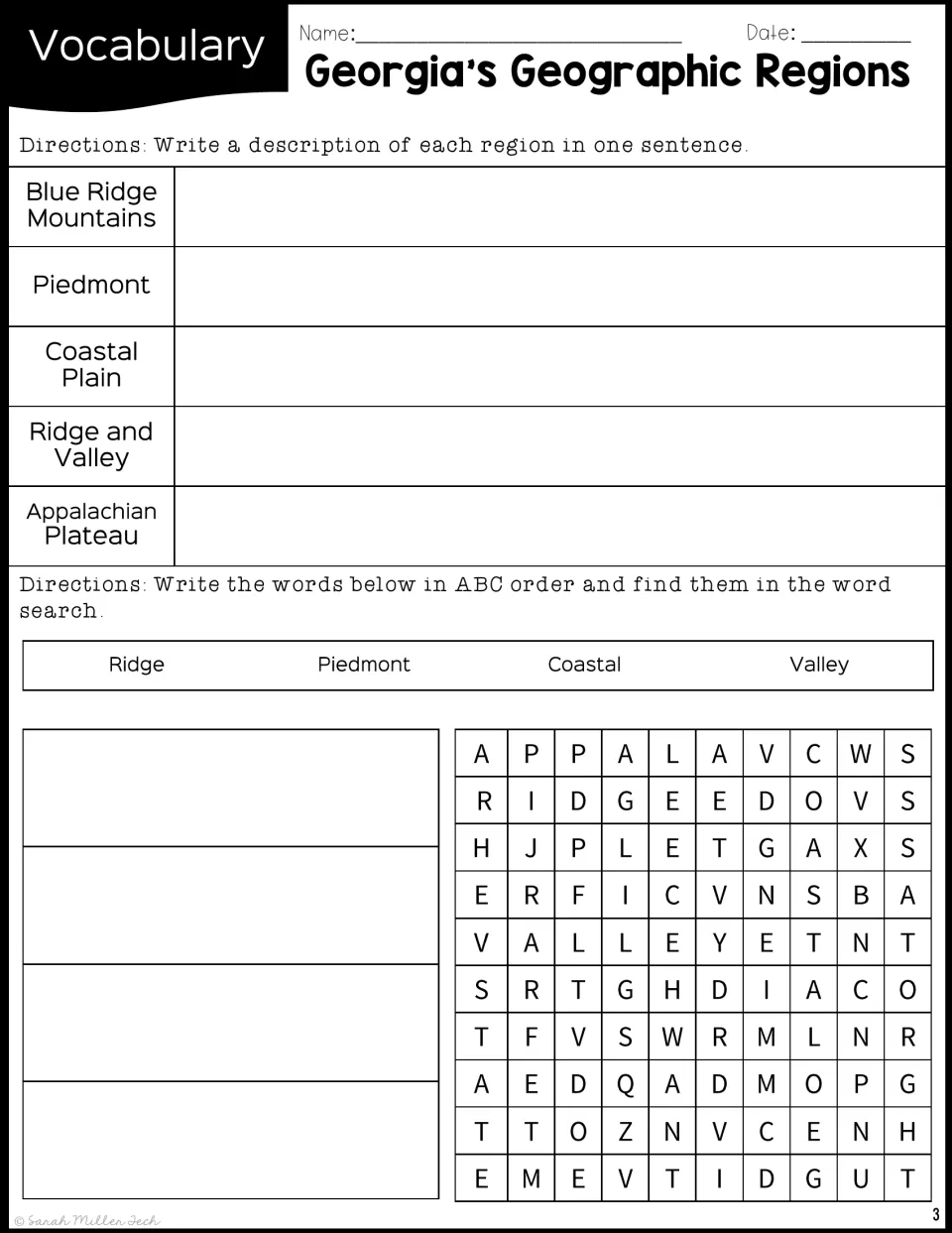 Region vocabulary: students write a one-sentence description of each of five regions, then ABC-order and word search