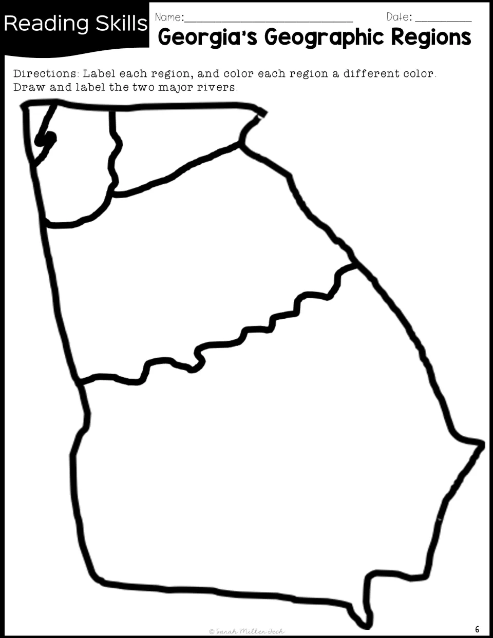 Map labeling on a blank Georgia outline: students label and color each region, then draw and label the two major rivers
