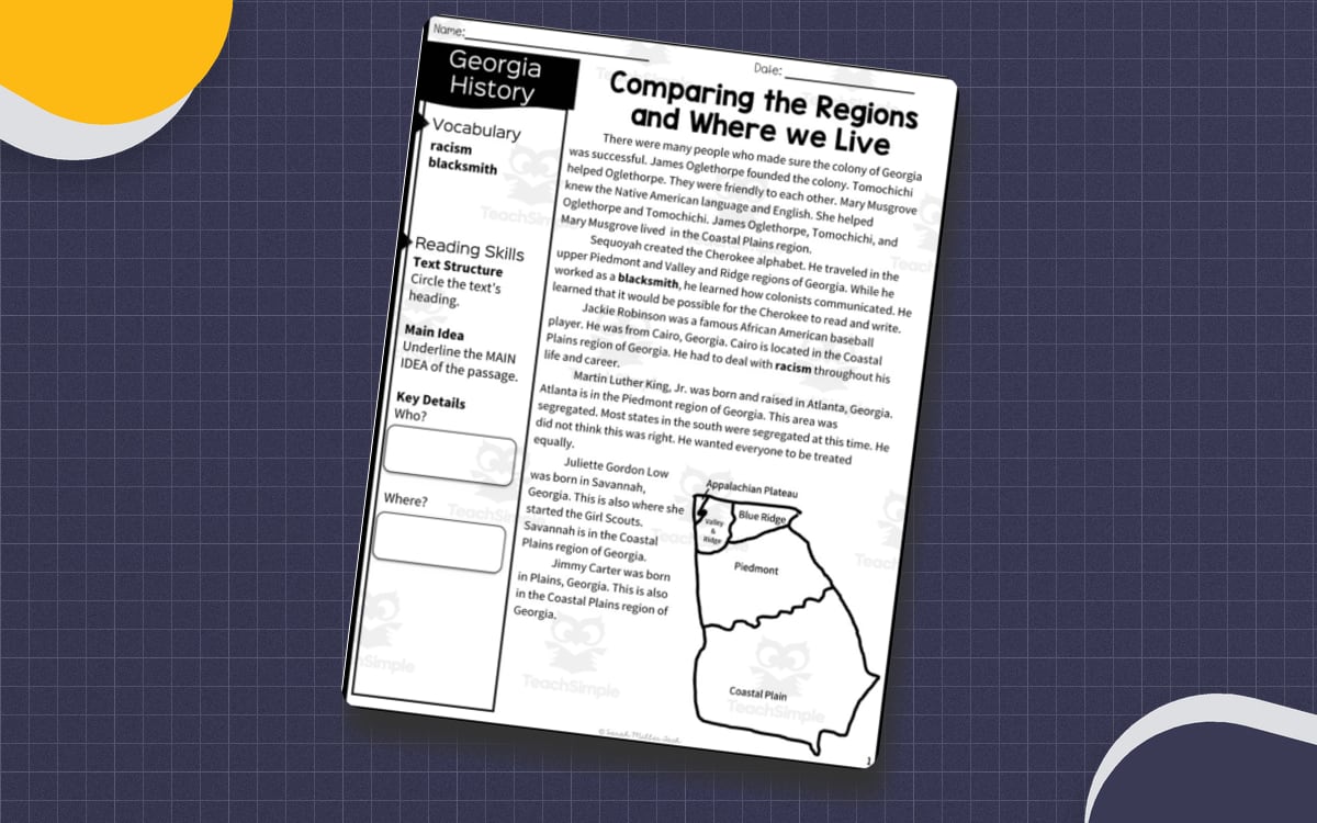 2nd Grade Reading Packet: Georgia's Historical Figures + Regions teaching resource preview