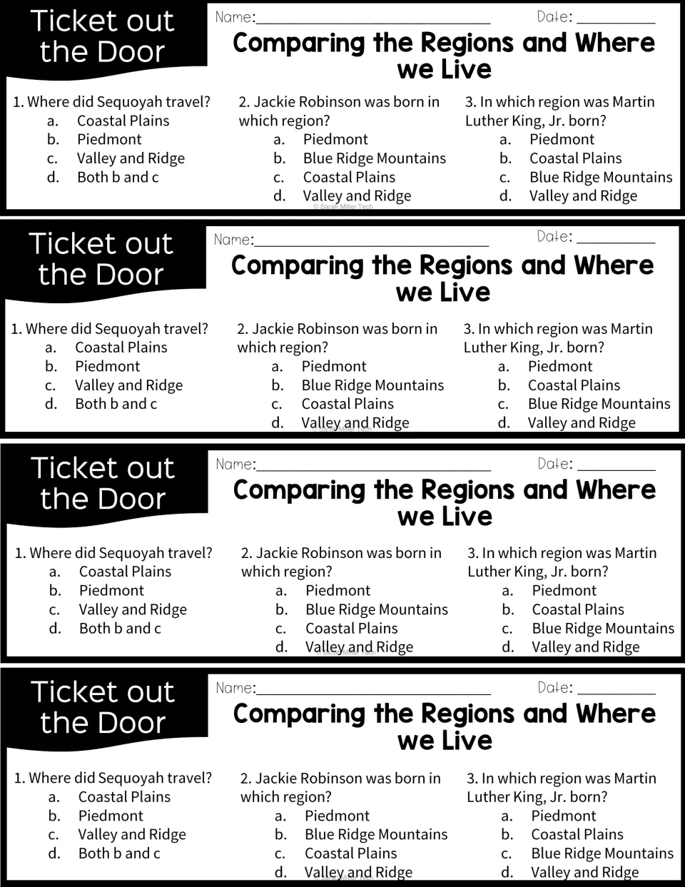Exit tickets: three multiple-choice questions on where Sequoyah traveled and which region two leaders were born in