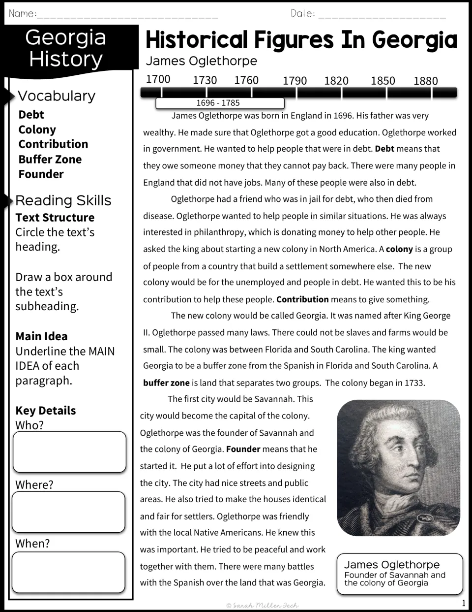 James Oglethorpe reading passage about founding Georgia, with vocabulary, a timeline, and main idea prompts