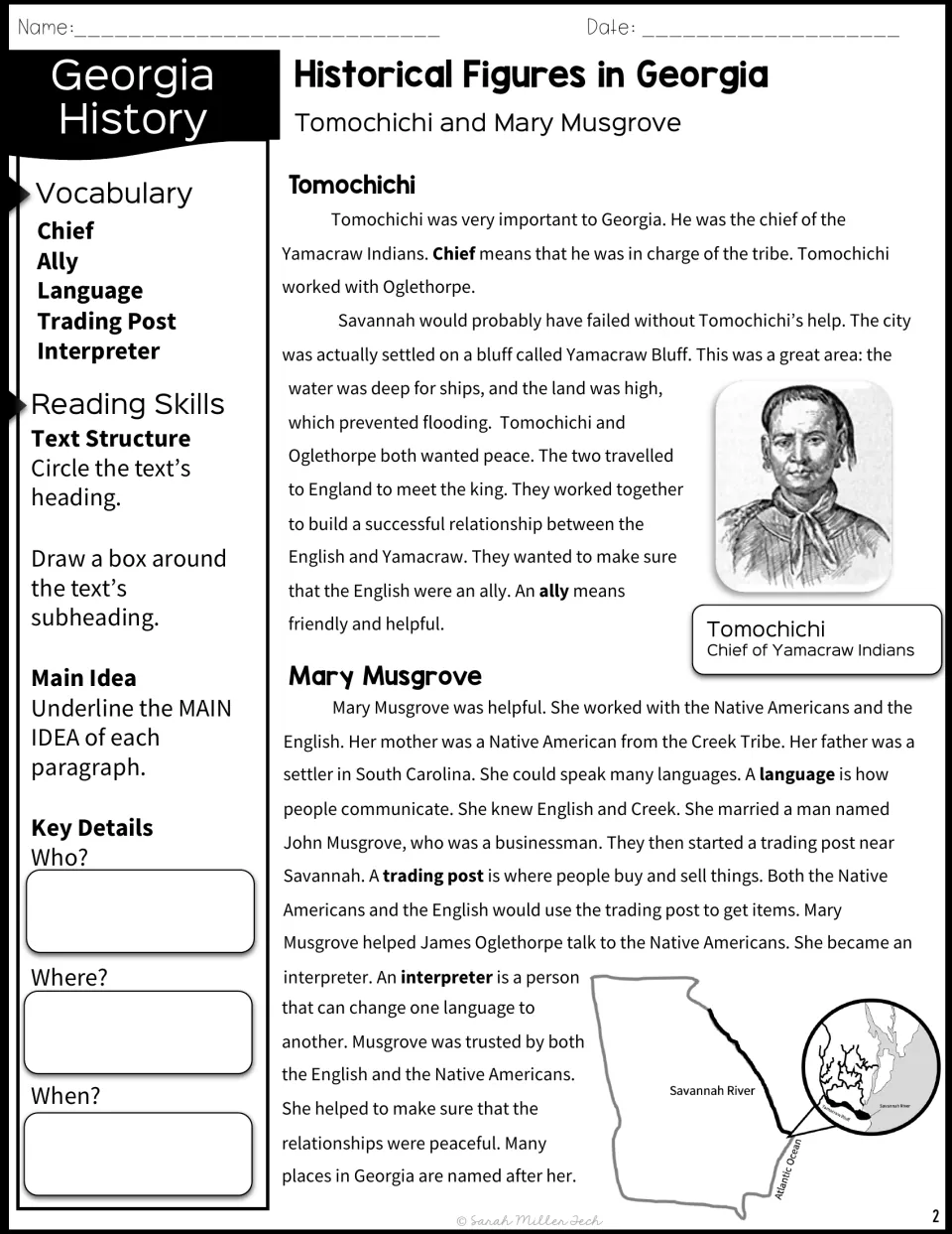 Tomochichi and Mary Musgrove reading passage about cooperation with Oglethorpe, trade, and interpreting