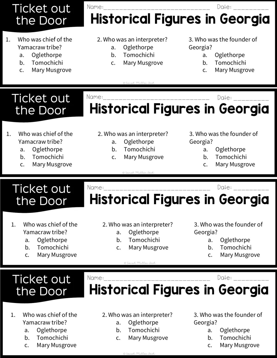 Four identical exit tickets ask who led the Yamacraw tribe, who was an interpreter, and who founded Georgia
