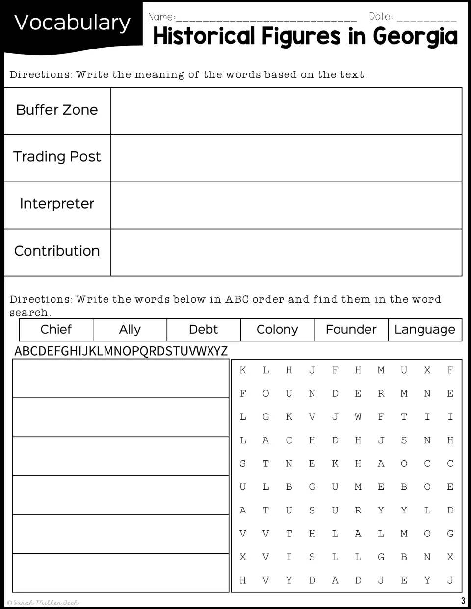 Vocabulary practice asks for four definitions and alphabetizing six words, then finding them in a word search