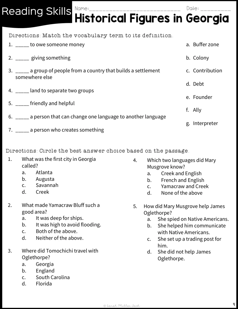 Reading practice matches seven vocabulary terms to definitions and asks five questions about the passages