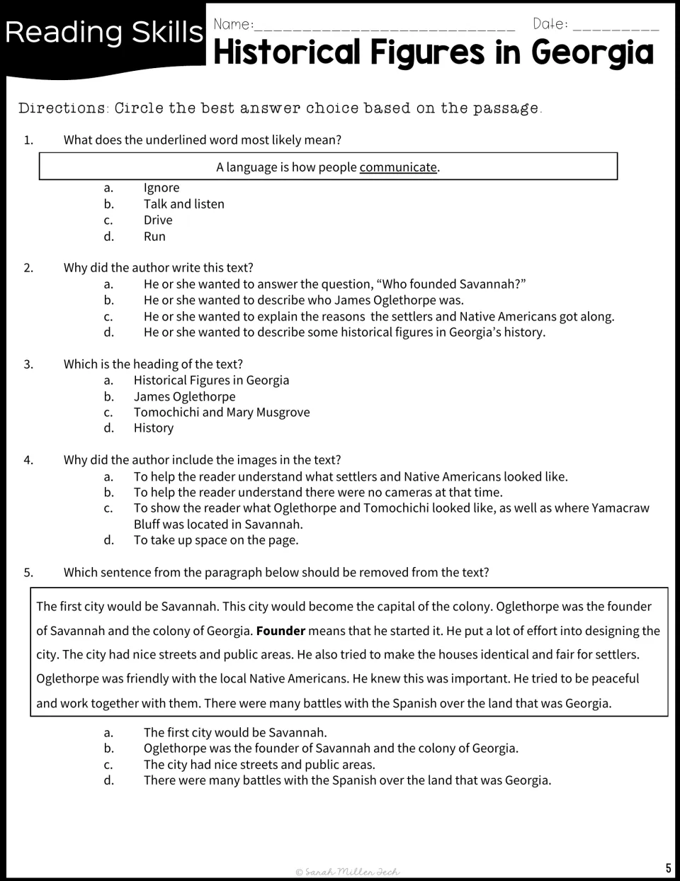 Five reading questions address word meaning, author's purpose, headings, images, and an unrelated sentence