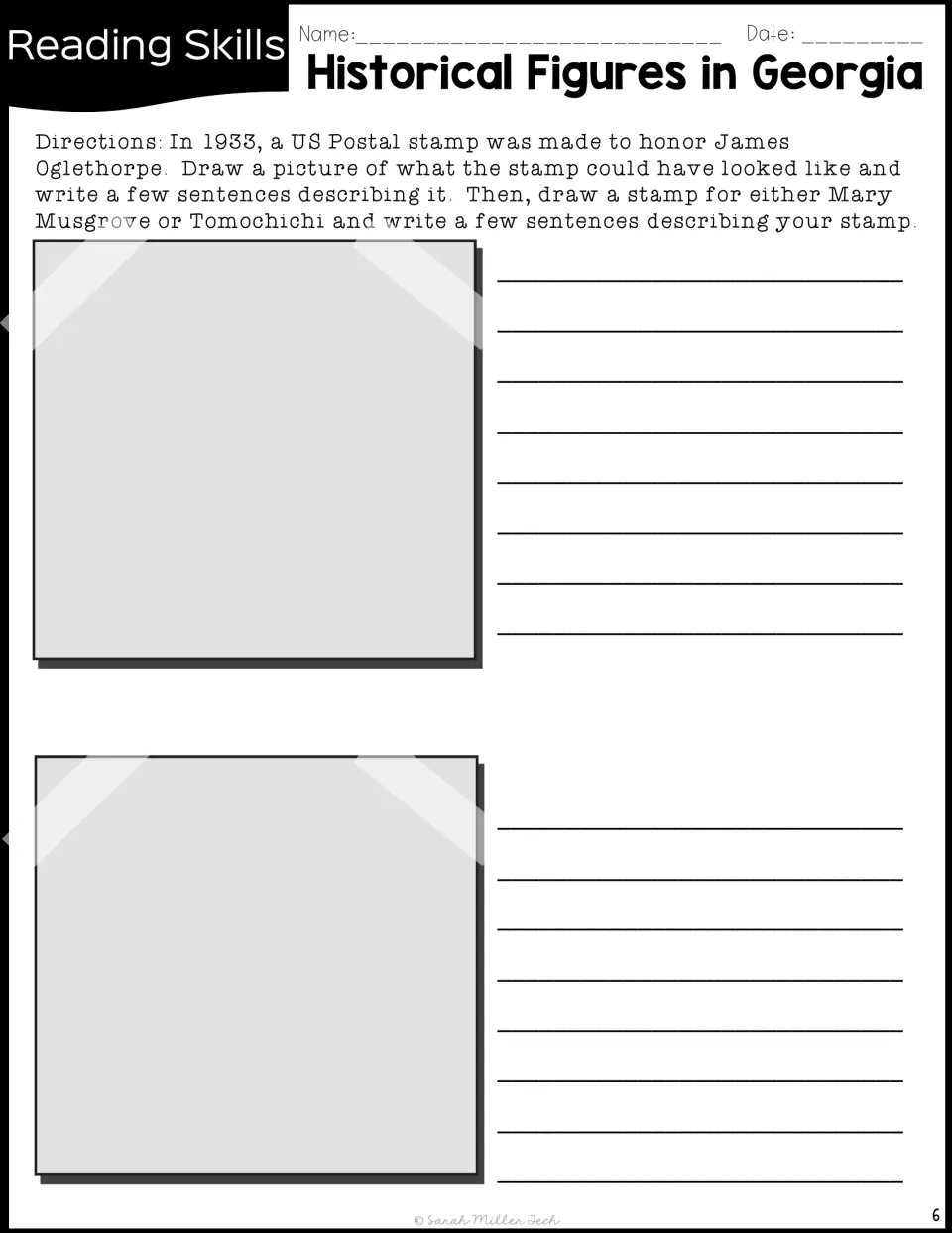 Stamp design activity asks students to draw and describe stamps for Oglethorpe and Musgrove or Tomochichi